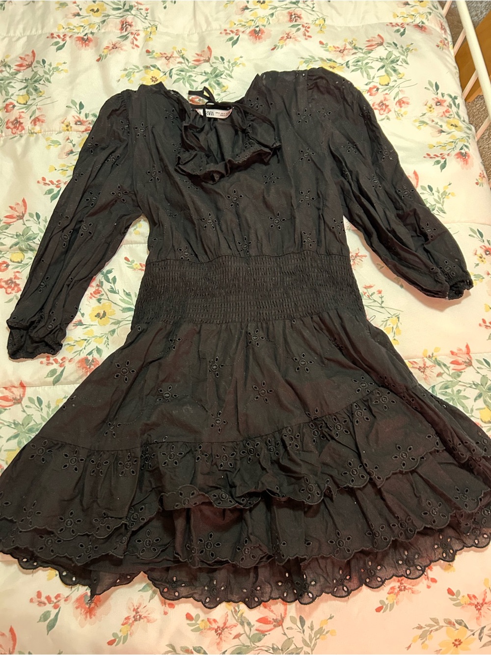 Zara Black Eyelet Ruffled Waist Dress